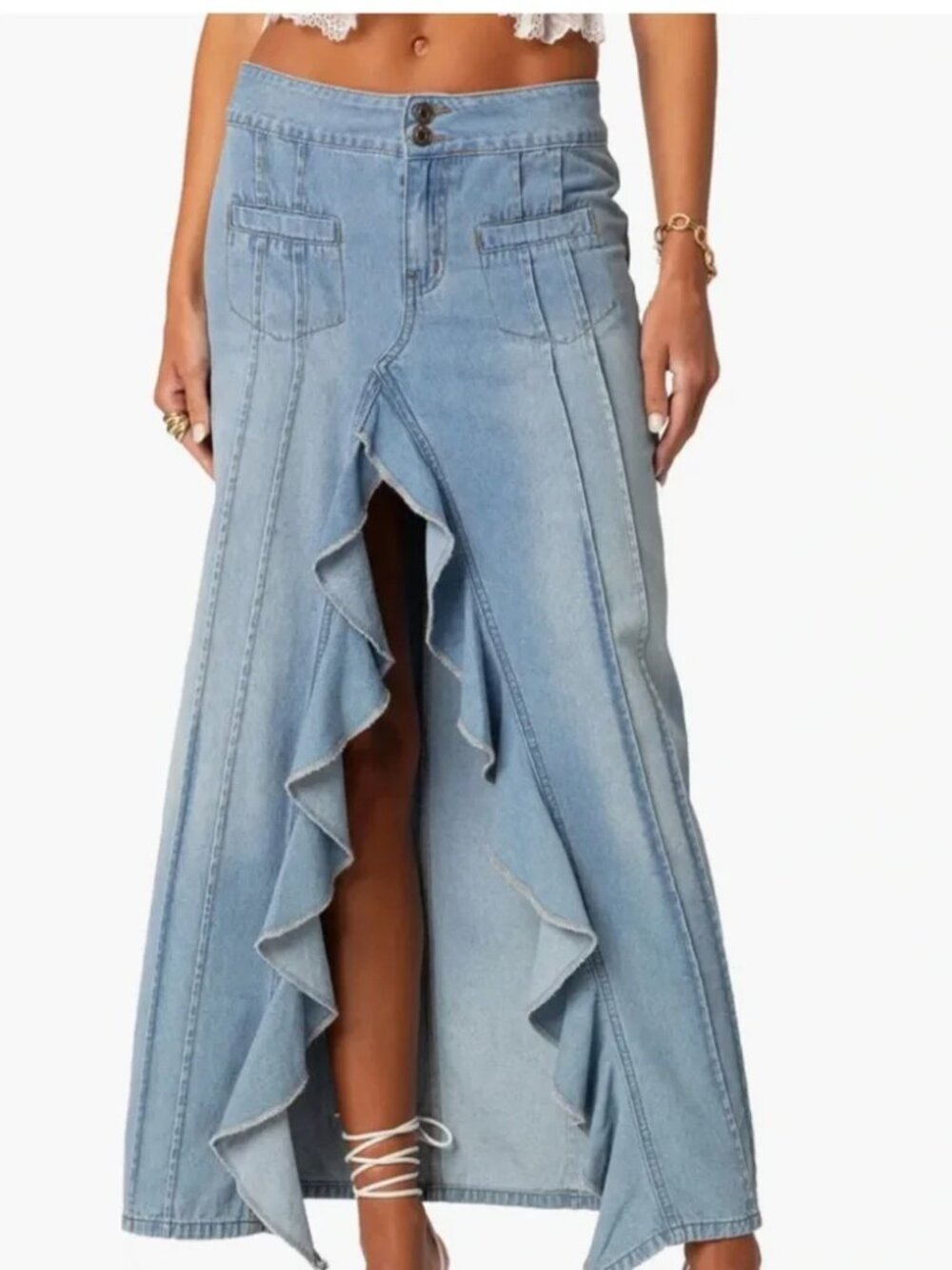 Edikted Valencia Ruffle Slit Front Denim Maxi Skirt Light Wash Size:S